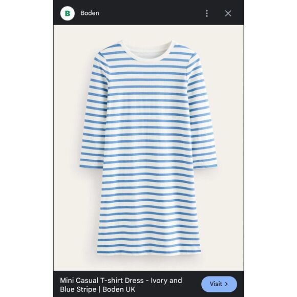 BODEN Mini Casual T-shirt Dress - Ivory & Blue 3/4‎ Sleeve Dress Size 4 US EUC - Picture 11 of 14